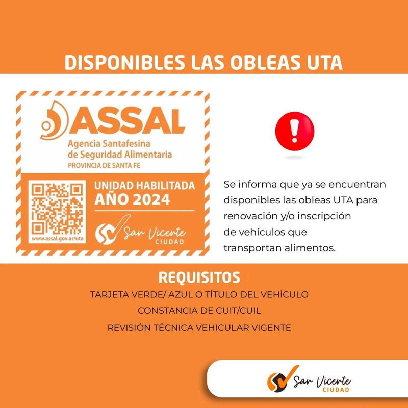 RENOVACIÓN E INSCRIPCIÓN DE OBLEAS UTA PARA VEHÍCULOS DE TRANSPORTE DE ALIMENTOS⁣