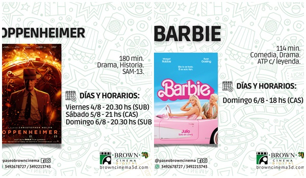 CARTELERA DE BROWN: ESTRENO DE OPPENHEIMER Y CONTINUIDAD DE BARBIE.