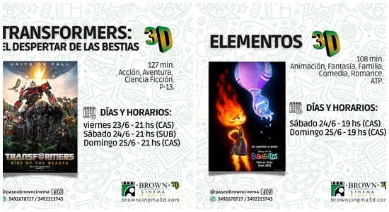 Transformers el despertar de las bestias y Elementos, las opciones del fin de semana en Brown Cinema.