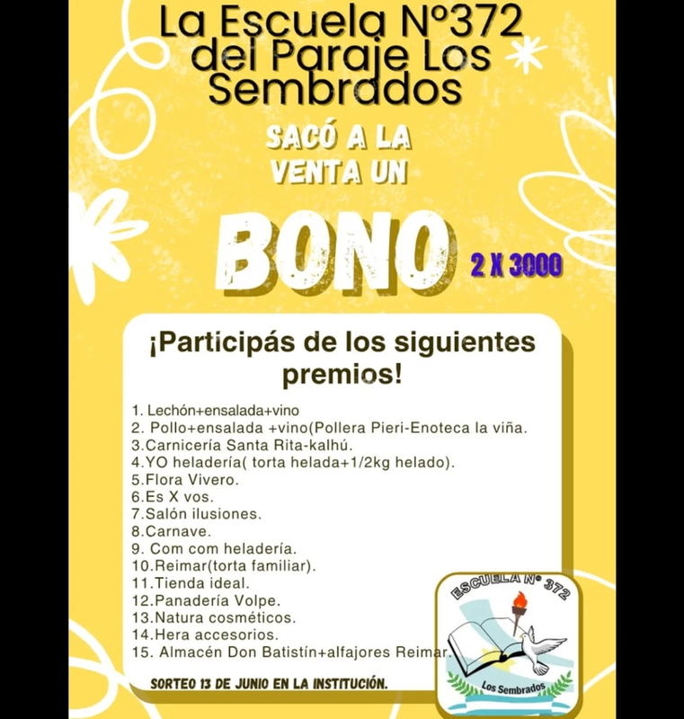 BONO CONTRIBUCIÓN PARA LA ESCUELA N° 372 DEL PARAJE LOS SEMBRADOS