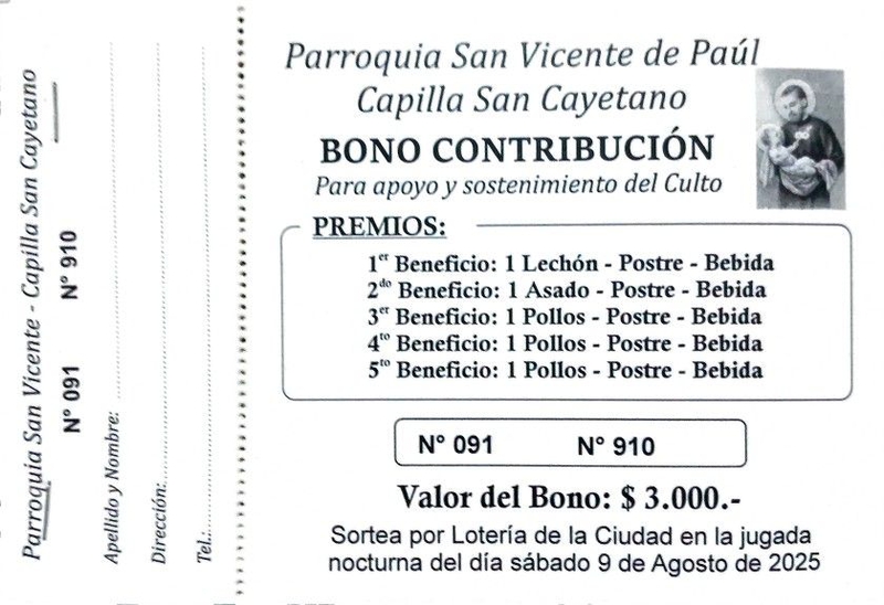 VENTA BONO CONTRIBUCIÓN CAPILLA SAN CAYETANO
