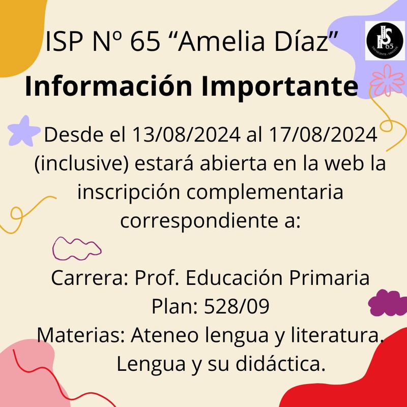 Inscripciones Complementarias ISP N°65 "Amelia Díaz".